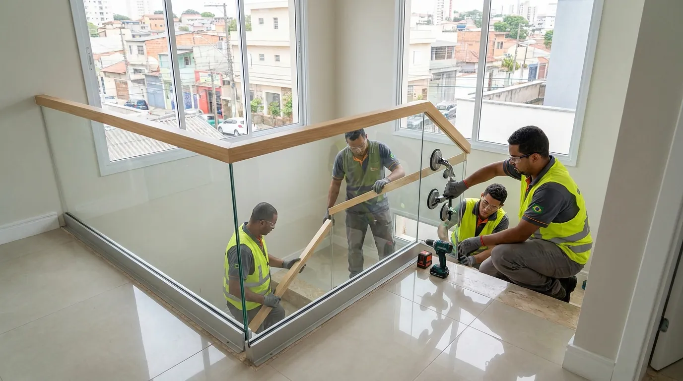 Painéis de guarda-corpo de vidro em montagem
