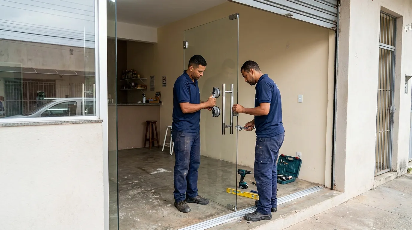 Porta de vidro sendo colocada pela equipe